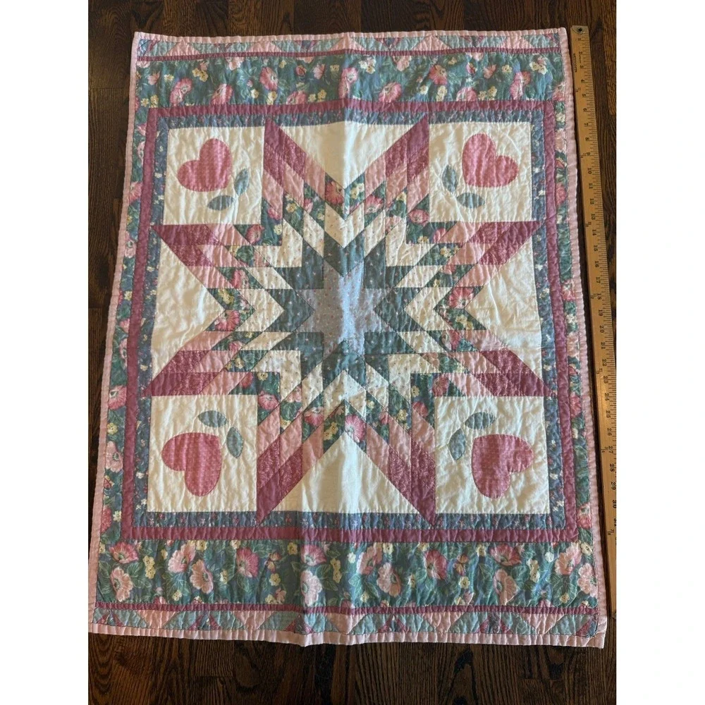 Crib size Heart Star Patchwork Quilt hand stitched